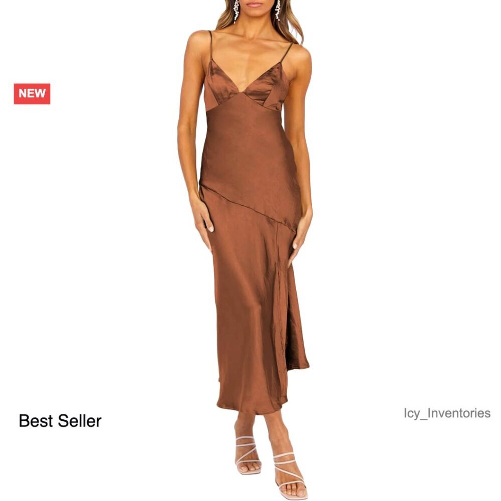 Satin Slip Midi Dress Elegant Wedding Guest Sexy Spaghetti Strap Backless - Picture 1 of 6